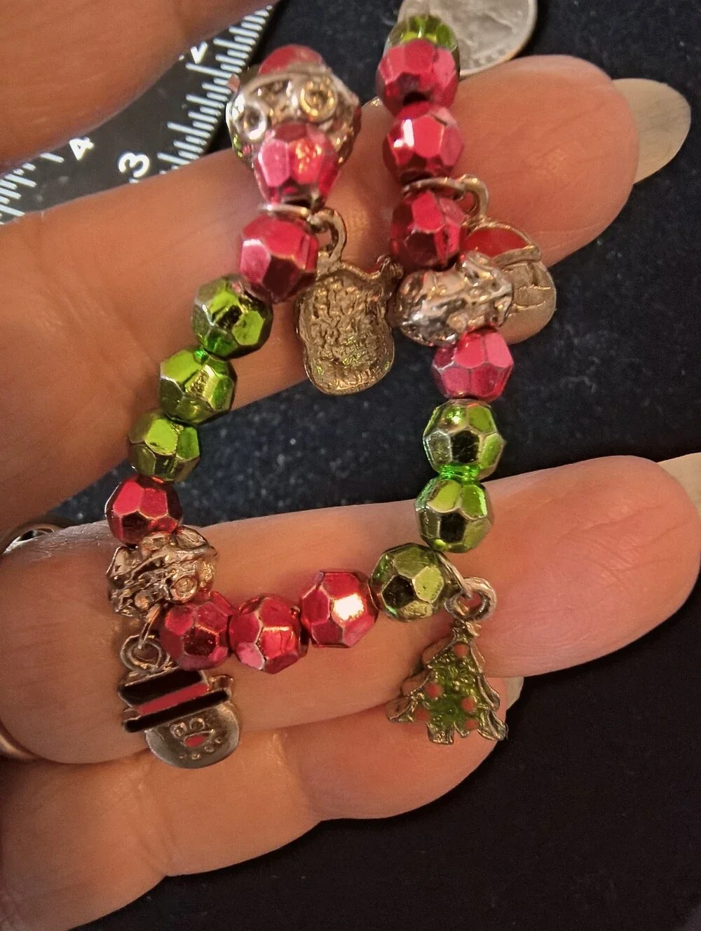 Vintage Christmas Charm Bracelet Santa Snowman Tree Jingle Bells Red Green